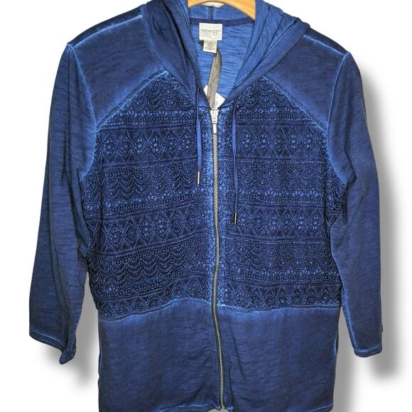 Chico's Zenergy Jacket NWT Size 2 (Large) Becca Kings Navy Washed Crochet Zip - Picture 2 of 7